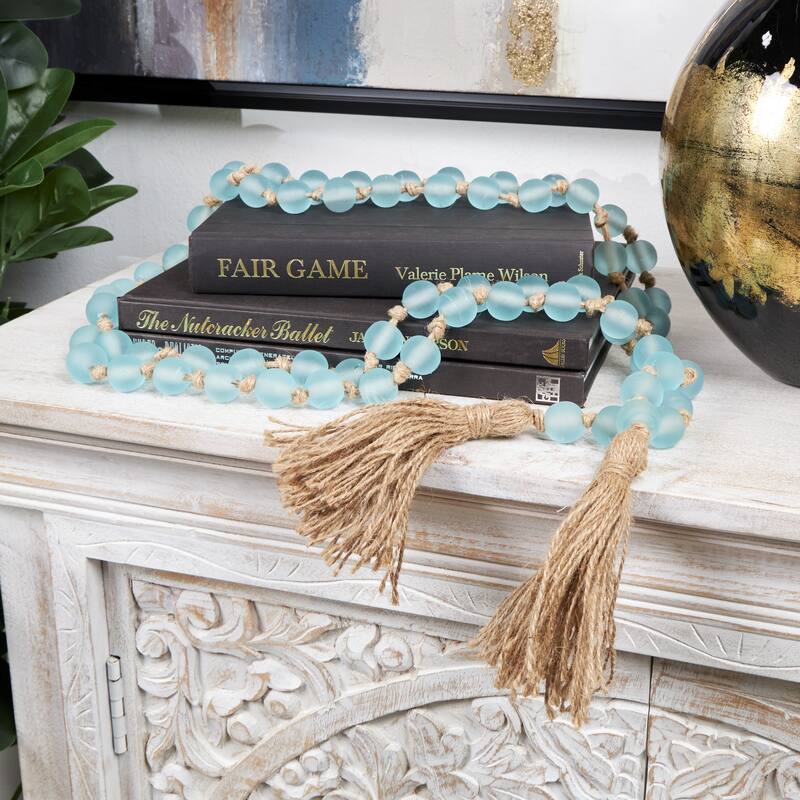 Glass Handmade Round Long Beaded Garland with Tassel with Knotted Brown Jute - Frosted Light Blue