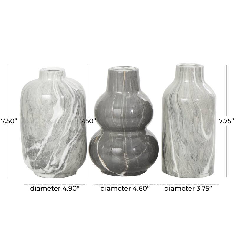 White, Gray, Cream or Black Ceramic Marble Inspired Vase with Varying Shapes (Set of 3)