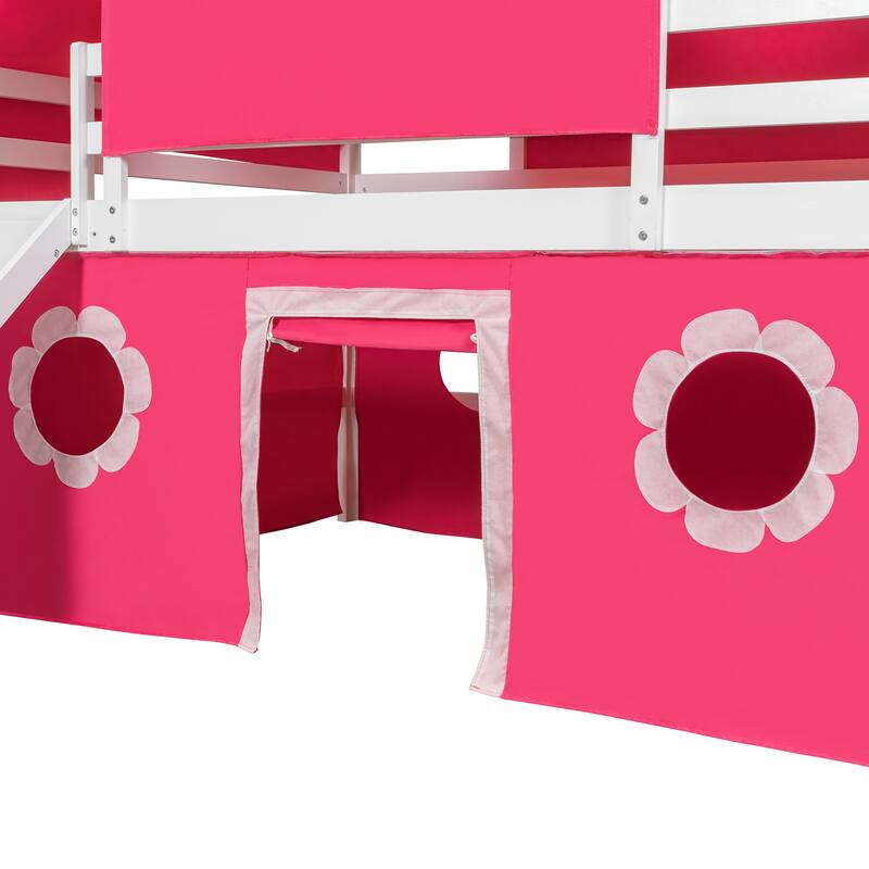 Castle Frame Bed Wood Loft Bed Loft Bed Convertible To Mini Playground with Pink Tent and Tower, Child Bed Tent