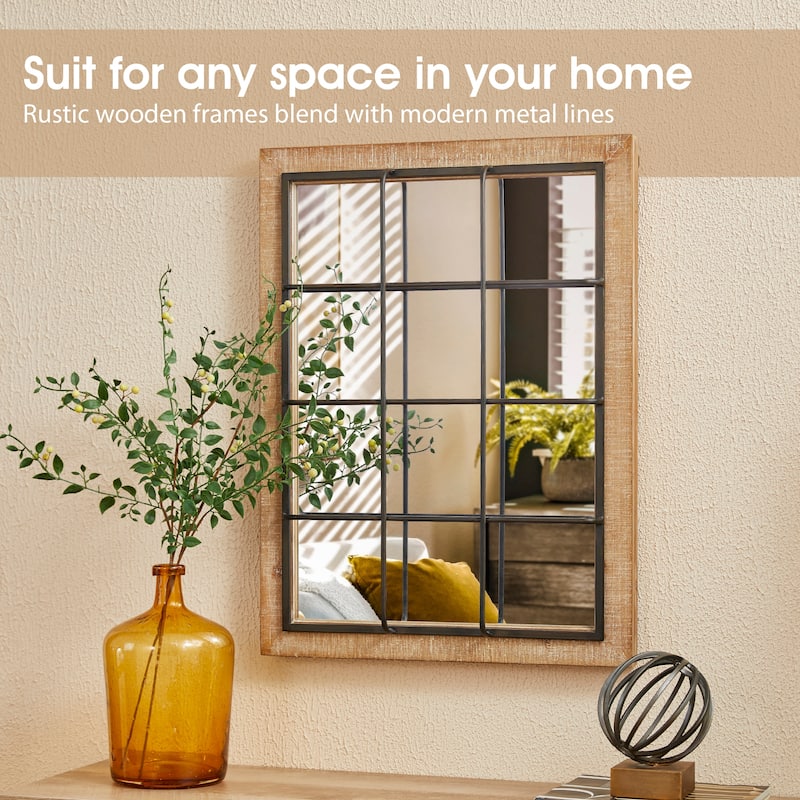 Glitzhome Set of 2 Farmhouse Wooden/Metal Windowpane Wall Mirrors Home Accents - 23.5"L x 31.5"H