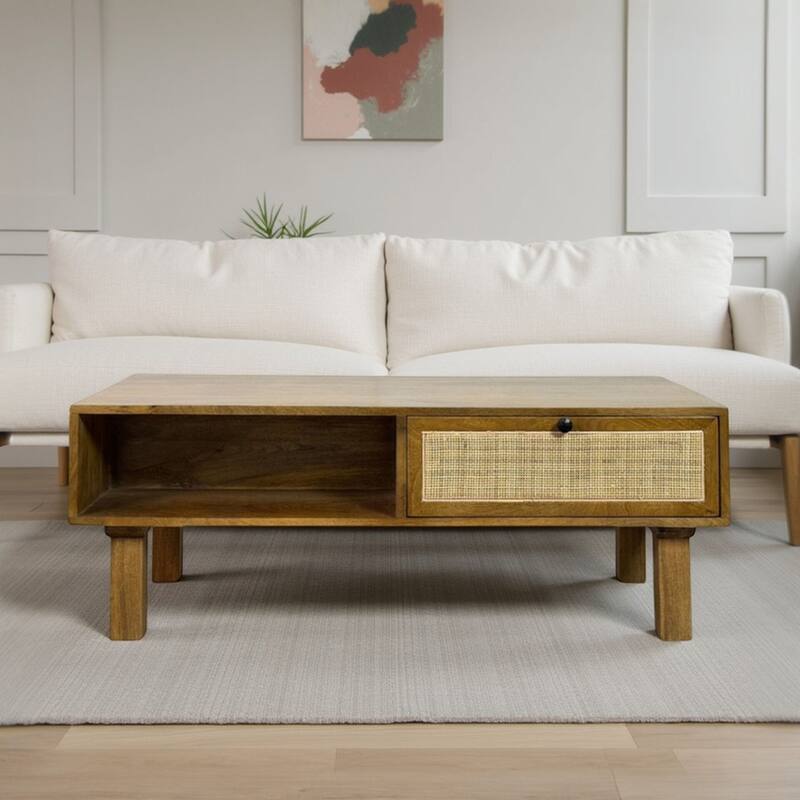 Haven Acacia Wood Coffee Table with Dual Storage Compartments - Rectangular Blonde Finish, Cane Trim Drawer, Open Cubby Table