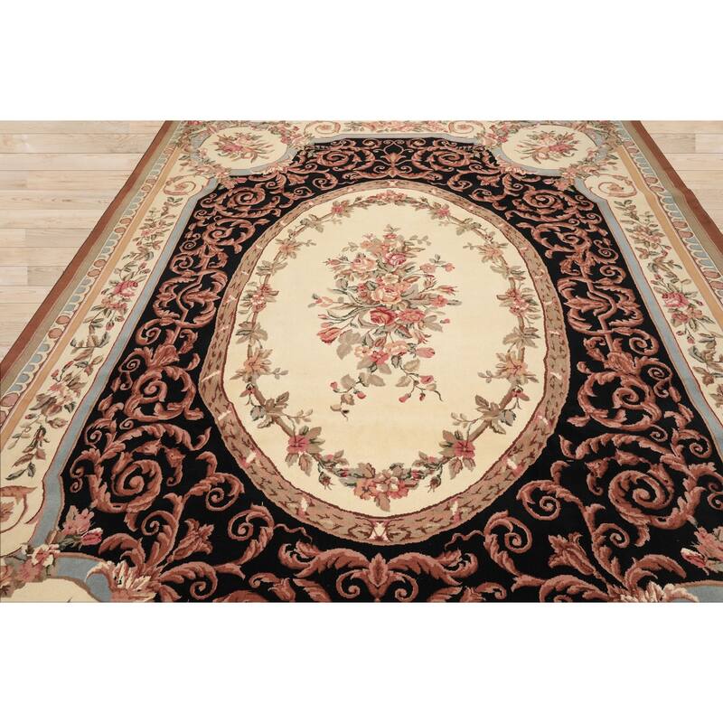 8'11''x11'11'' Hand Knotted Wool Ivory Aubusson Savonnerrie Floral Botanical Rug - 8' 11'' x 11' 11''
