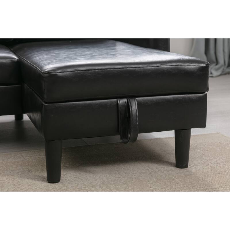 Black Modern PU Leather LShaped Reversible Sectional Sleeper Sofa with