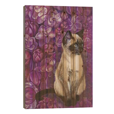 Cat With Lilacs Print On Wood by Cyndi Dodes - Multi-Color