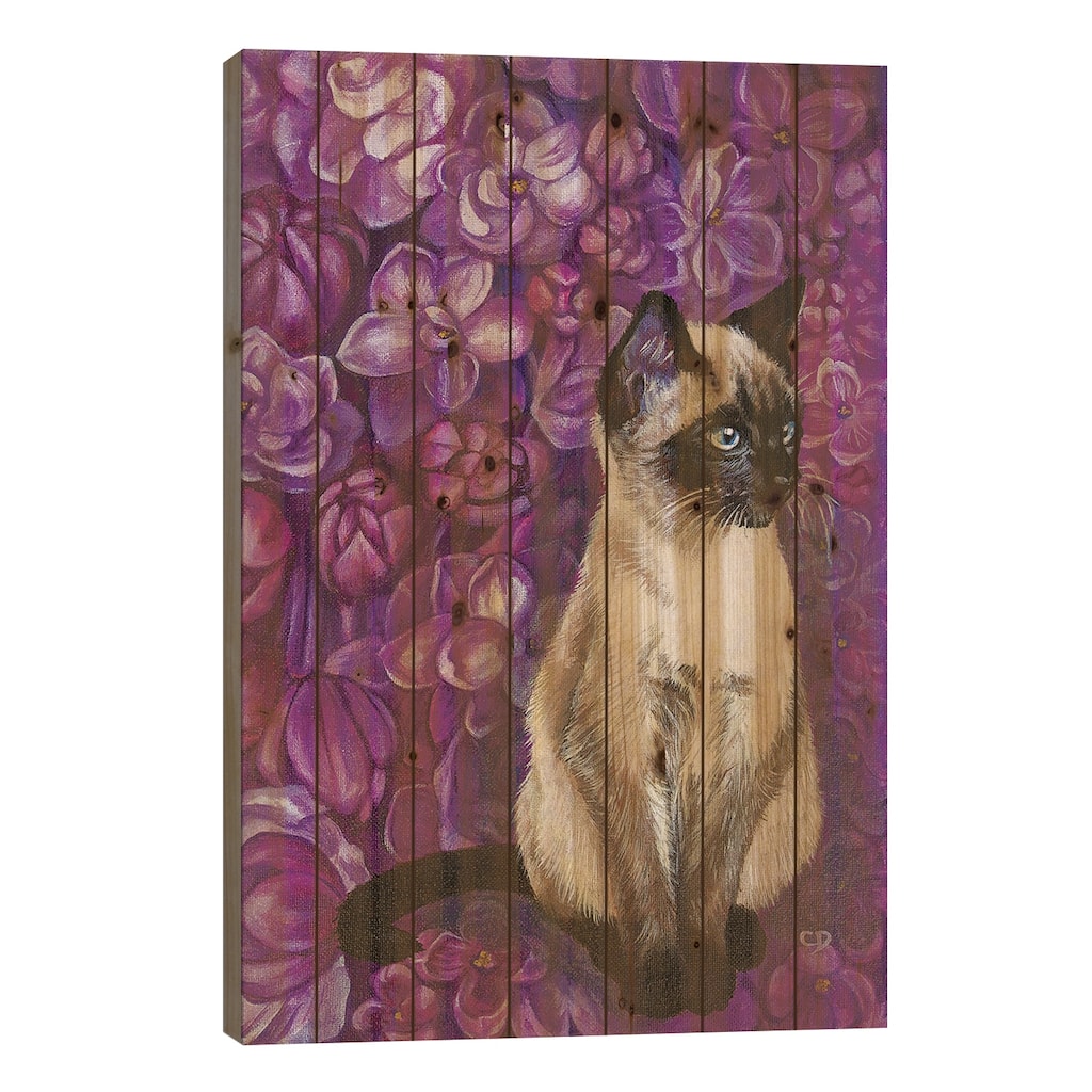 Cat With Lilacs Print On Wood by Cyndi Dodes - Multi-Color