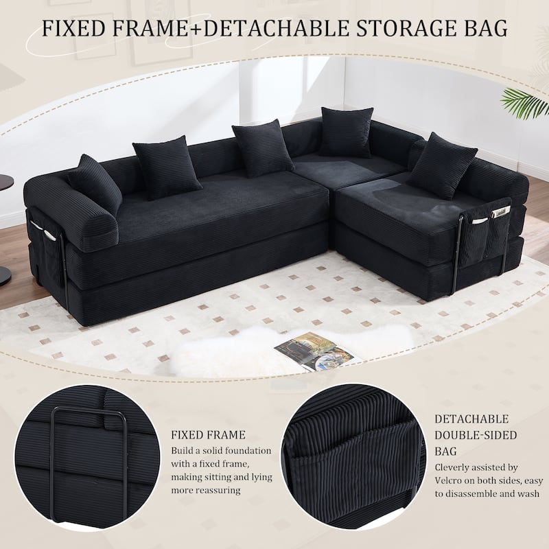 HOMEFUN Corduroy Upholstered Convertible Folding Sofa Bed with Fixed Frame and Pillow Back Handrail