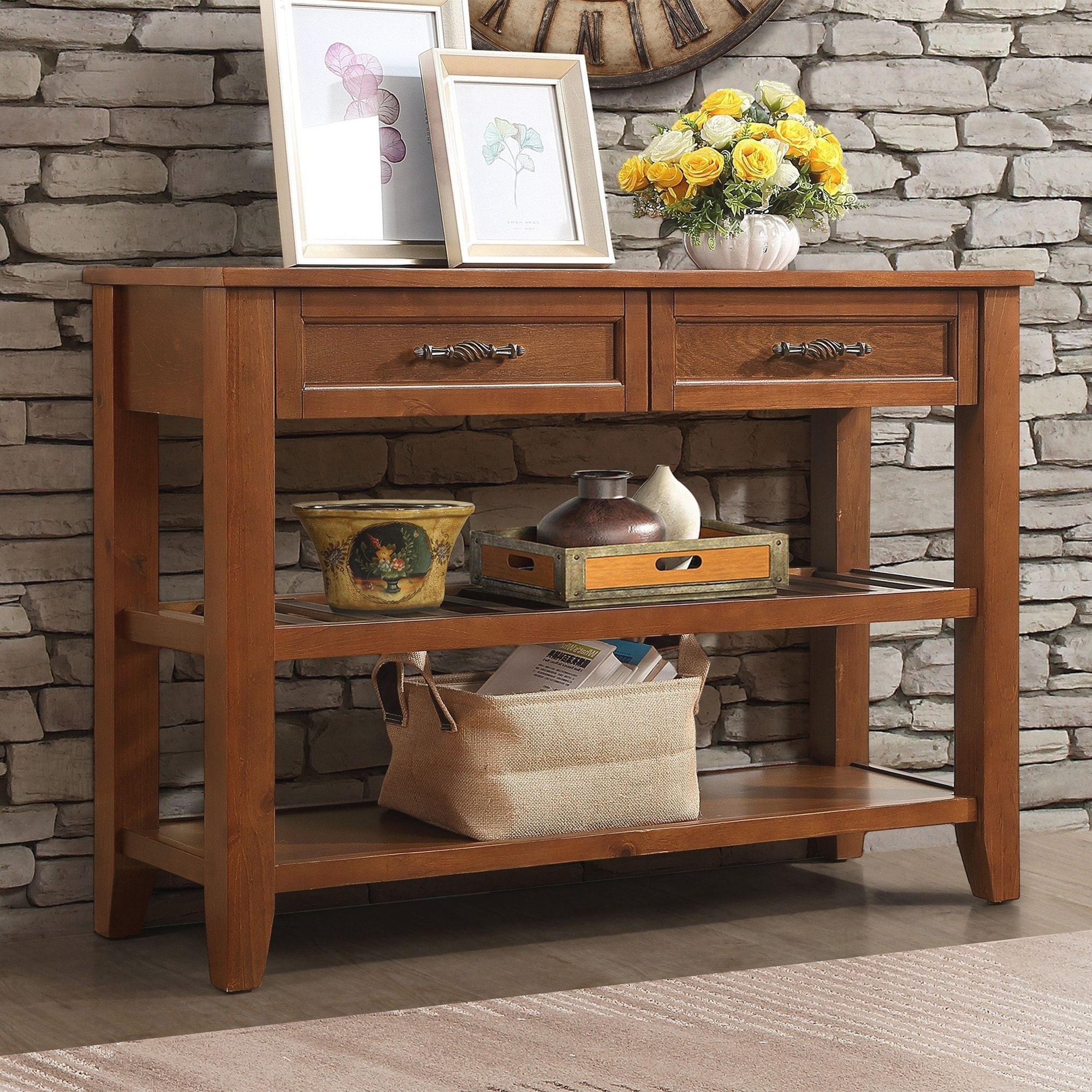 Console Sofa Table with 2 Storage Drawers and 2 Tiers Shelves