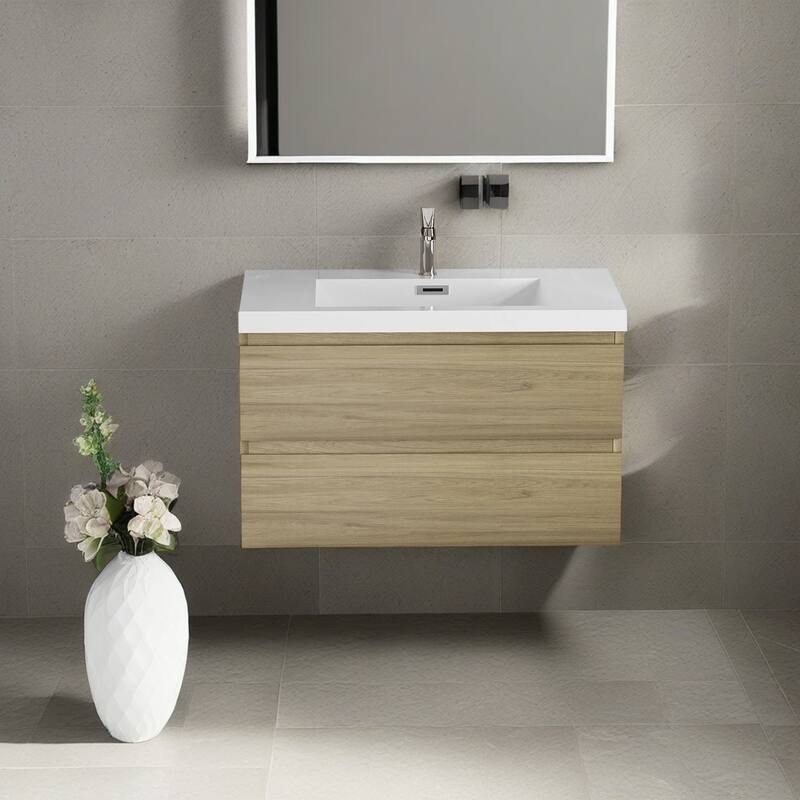 GDFStudio - Carter Floating Bathroom Vanity with Resin Sink & Soft-Close Drawers - 36" - Oak