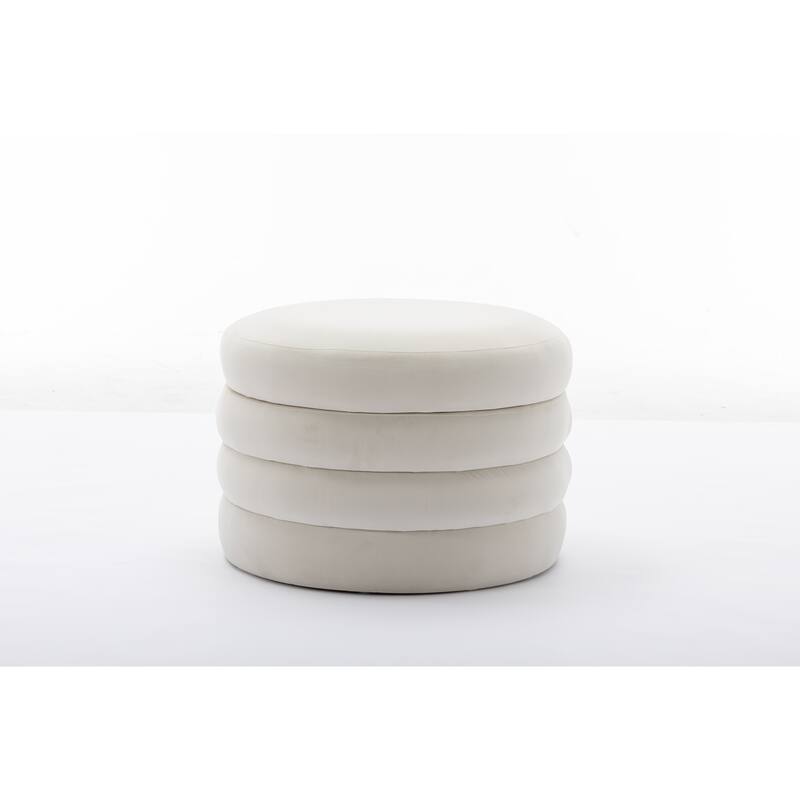 Velvet Fabric Storage Round Ottoman Footstool With Wooden Shelving