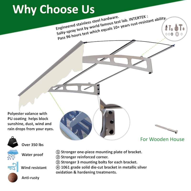 Series Door Window Awning Canopy W59"xD34" Made of 0.137Inch Thick Virtually Crystal Solid Polycarbonate Sheet with Polyester