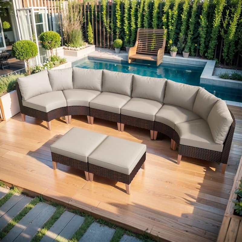 Gymojoy Outdoor Curved Sofa Set with Ottoman - Brown - Beige