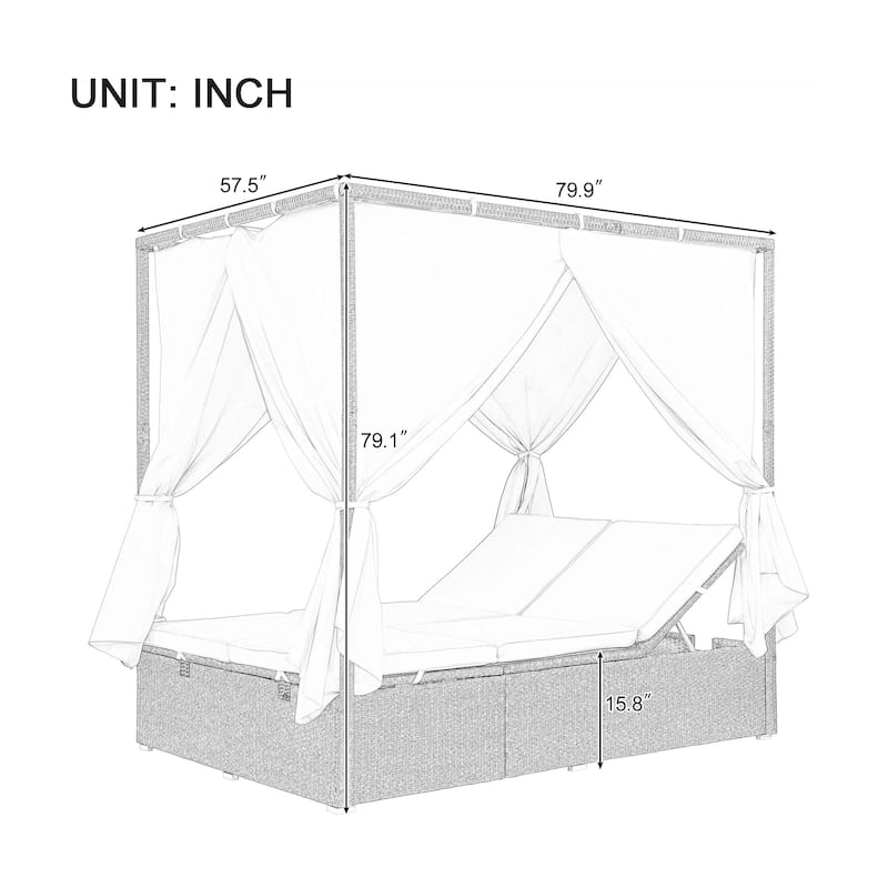 Outdoor Patio Rattan Canopy Daybed Sunbed with Curtain and Adjustable Seat