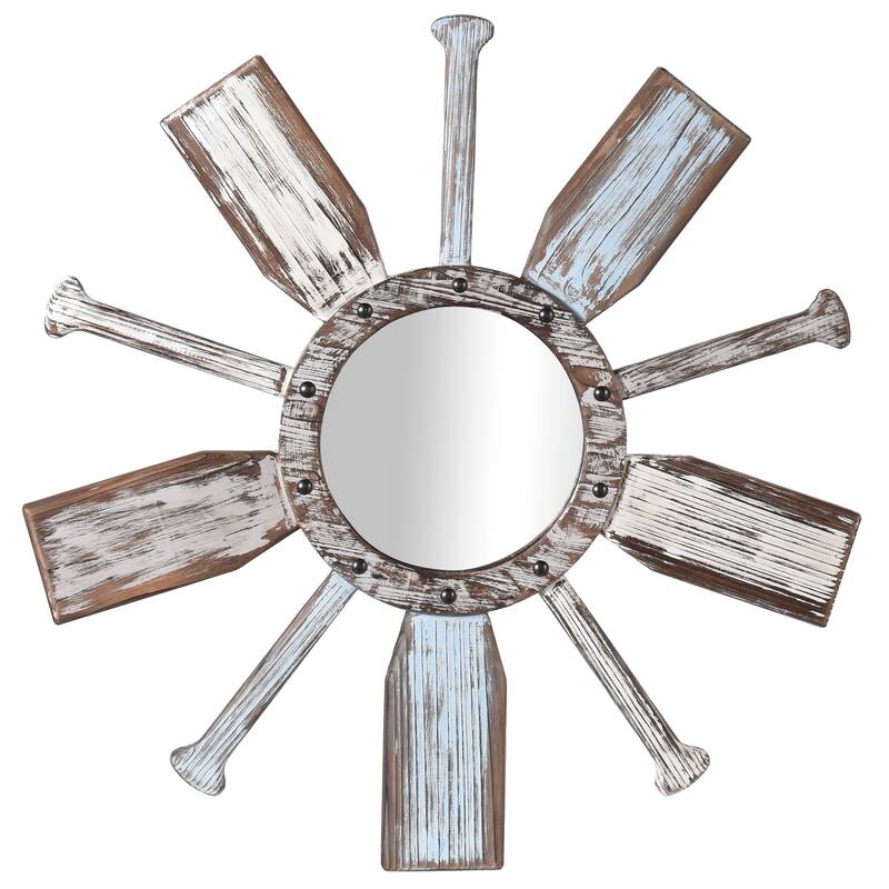 Montauk - Weathered Boat Paddle Wall Mirror - White & Blue Finish - Weathered White, Light Blue