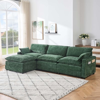 Chenille 113-Inch Modular Combo Sofa, Modern 3-Seater L-Shaped Sofa with Ottoman, 2 Cushions, Side Pockets