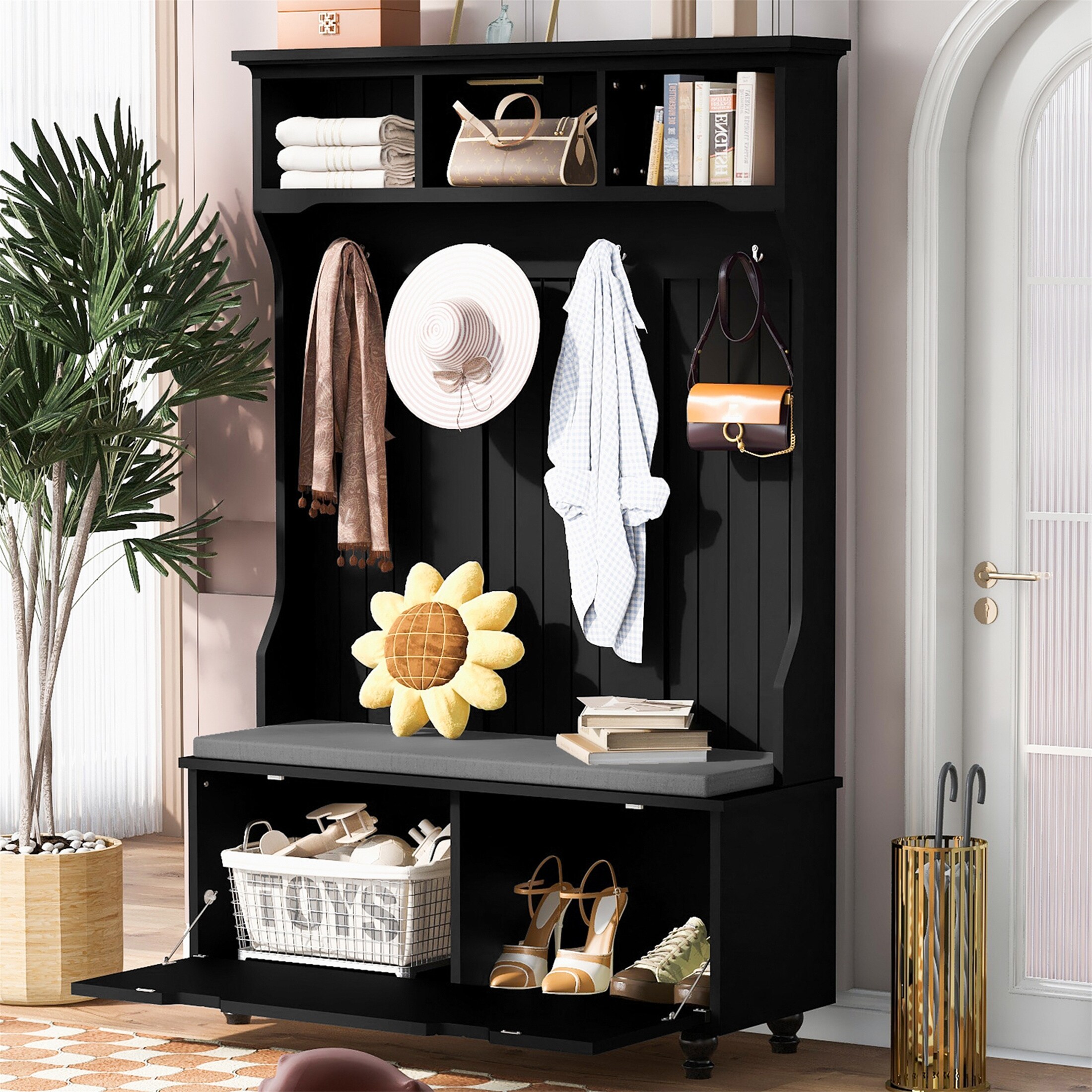 4 in 1 Entryway Bench with Coat Rack Black