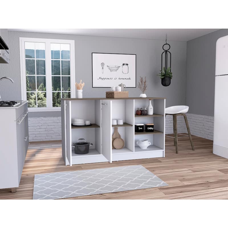Kitchen Island Cart with Storage - 3 Shelves & 2 Cabinets - White & Dark Brown