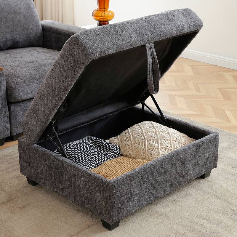 L-Shaped Oversized Couch,Drop Down Table,360-degree Swivel tray,Cup Holders,USB Charger,Storage Ottoman and Armrest