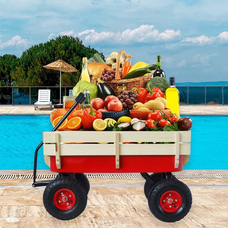 Outdoor Garden Cart, All Terrain Cargo Wagon Wood Railing Children - 39.37" x 19.3" x 20.28" (L x W x H)
