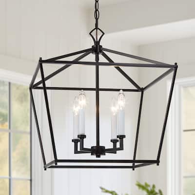 Raretta Modern Black 4-Light Metal Lantern Geometric Chandelier Island Pendant Lights - L17.5"*W17.5"*H20"