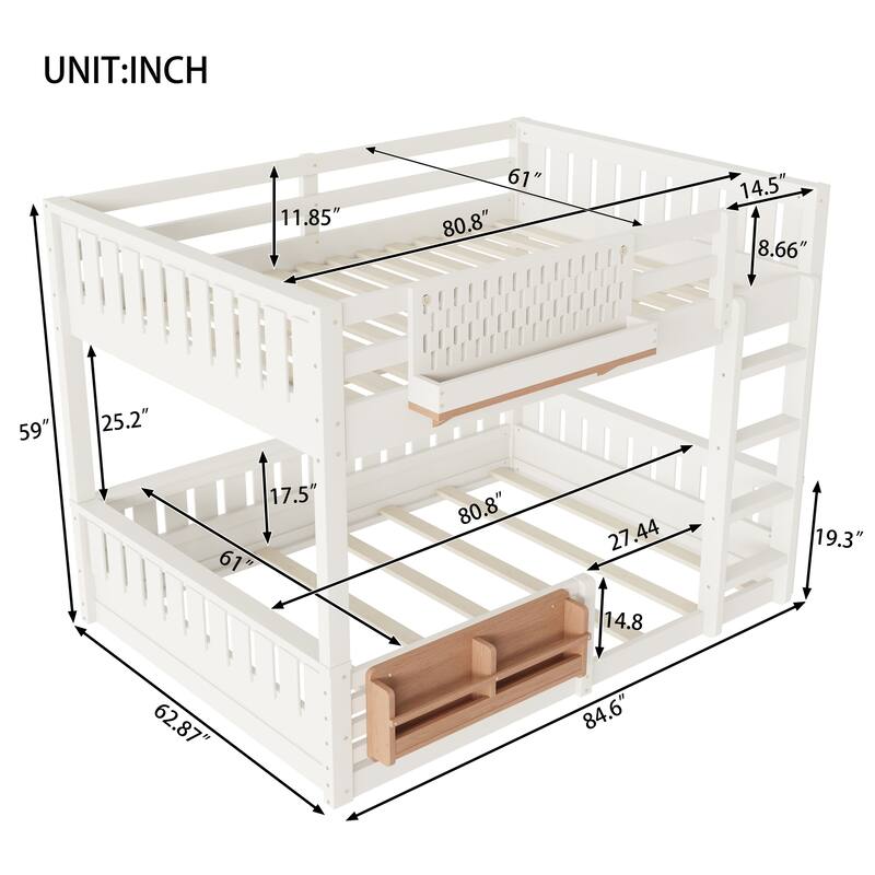 Queen over Queen Bunk Bed with Ladder & Guardrails, Built-in Pegboard and Bookshelf, Sturdy Full Over Full Bunk Bed Frame