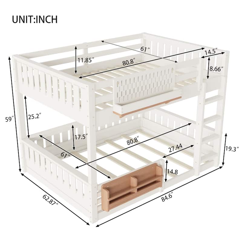 Wooden Bunk Bed of 3 Kinds Size with Pegboard, Bookshelf and Guardrails, Detachable Bunk Bed Convertible 2 Platform Beds