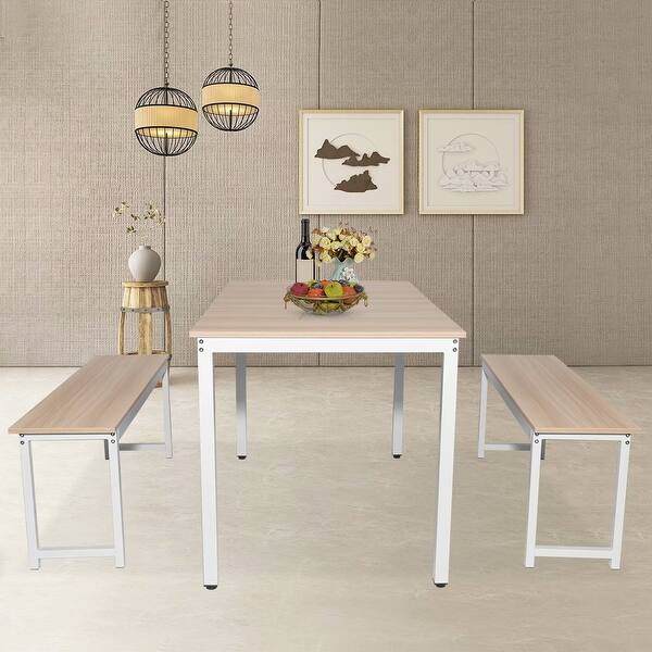 3 Pieces Modern Metal Frame And Mdf Board Dining Room Table Set For Home Apartment And Farm House White Beige Cafeteria Mieres Kitchen Two Benches Table Chair Sets Home Kitchen