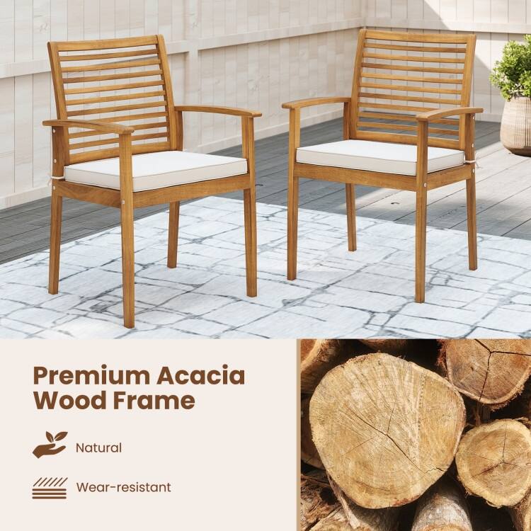 Natural Acacia Wood Patio Dining Chairs with Cushions Set of 2 Outdoor - 22.5" x 21.5" x 34"