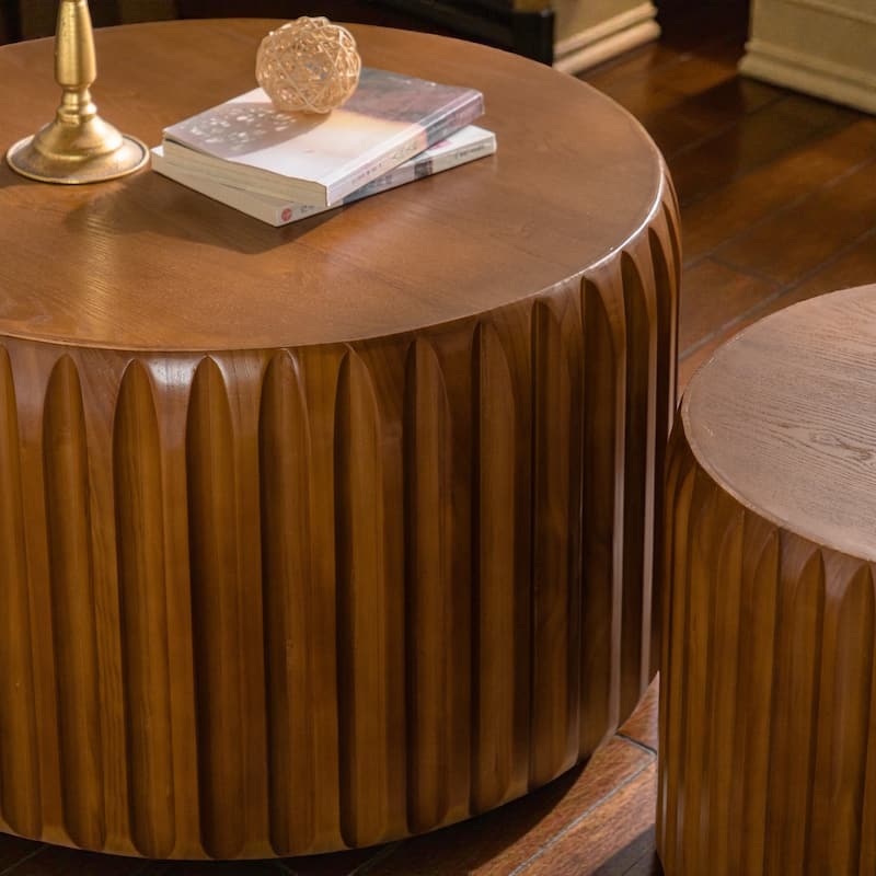 Set of 2 Fluted Round Coffee Tables, Mid-Century Modern Nesting Wood Center Tables, Solid Wood and MDF