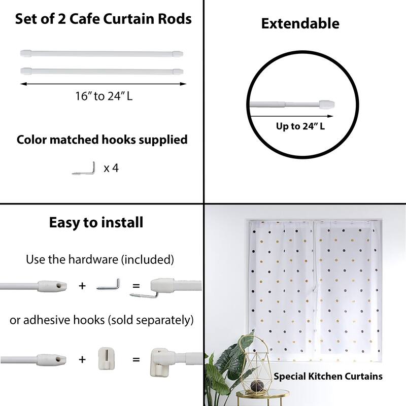 Small Flat Cafe Curtain Rod Adjustable Set of 2