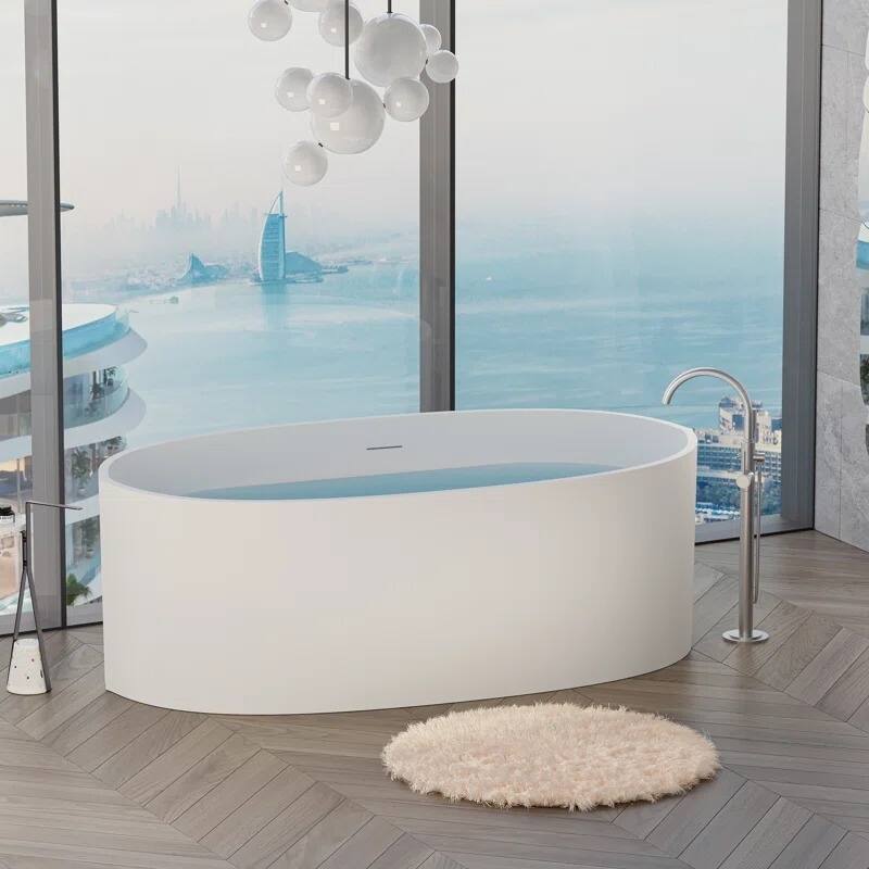 ABRUZZO 65'' x 34.25'' Freestanding Soaking Solid Surface Bathtub with Overflow and Pop-up Drain