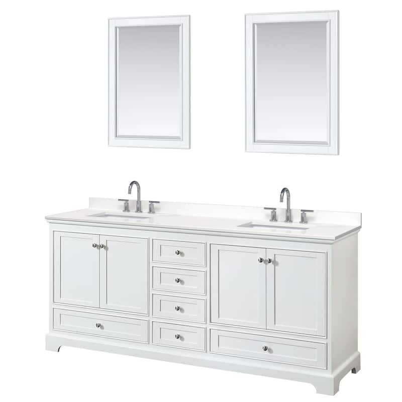 Deborah 80-inch Double Vanity, Quartz Top, 24-inch Mirrors - White, Chrome Trim, White Quartz Top