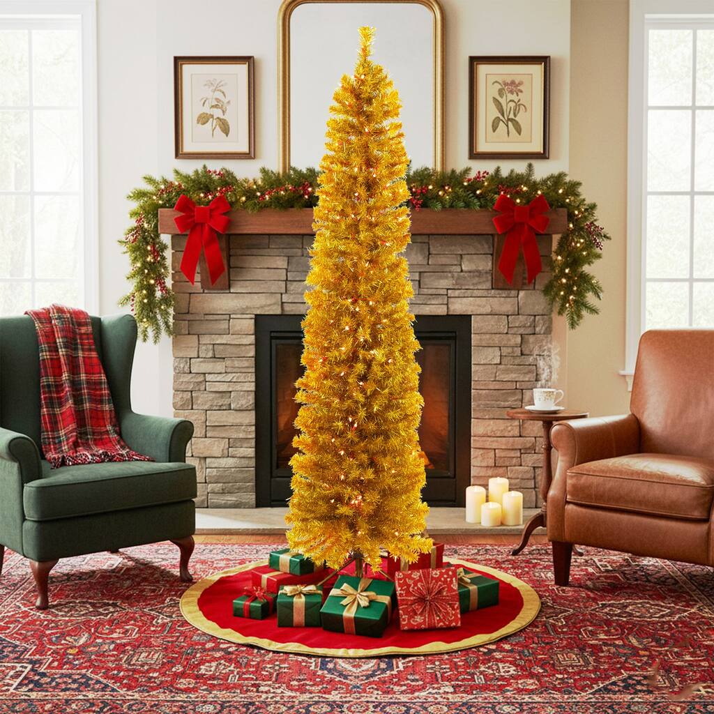 Pre-Lit Pencil Tinsel Artificial Christmas Tree - 6' - Gold - Clear Lights - Red Wire - 6 Foot