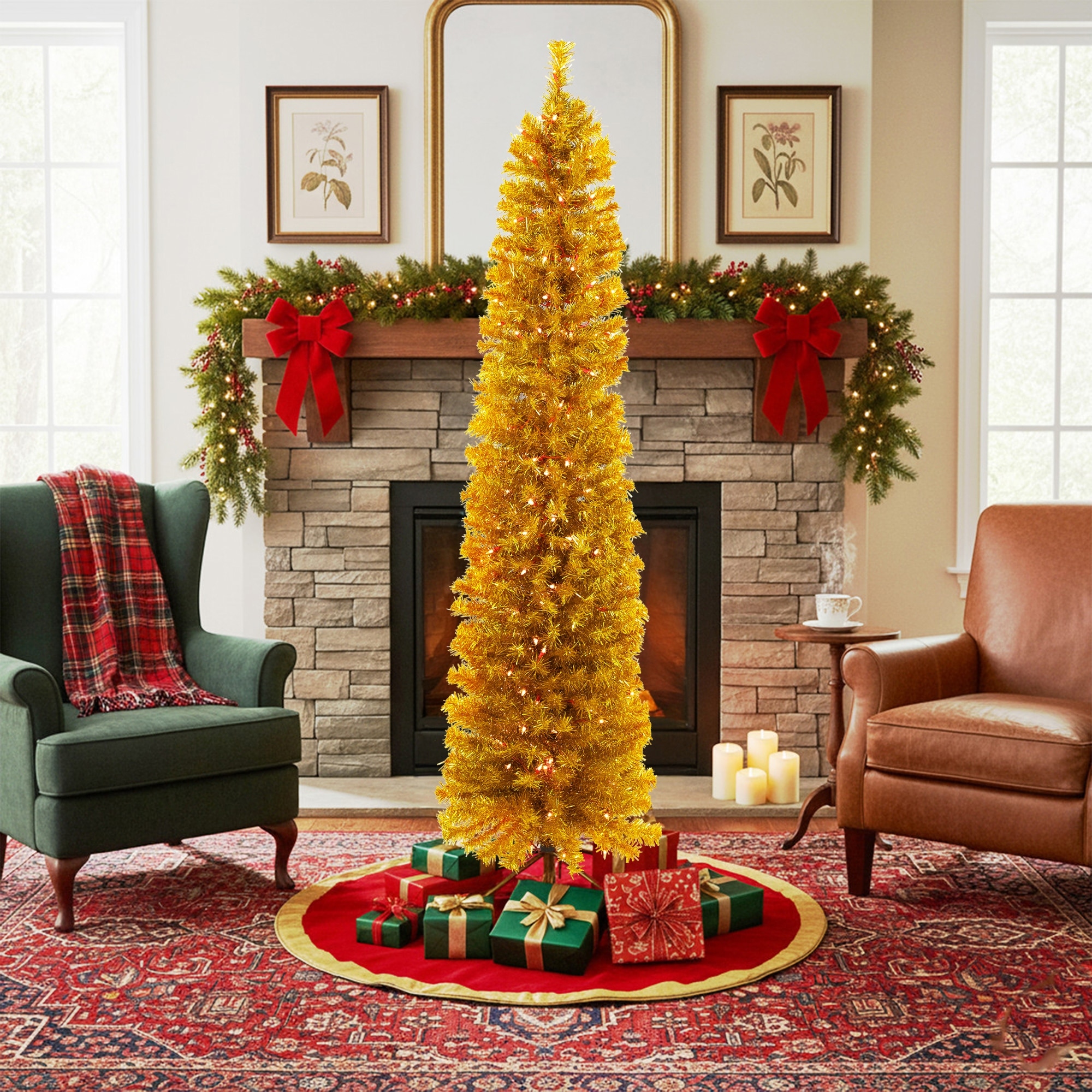 Pencil Tinsel Artificial Christmas Tree 6' Gold Clear Lights Red Wire - 6 Foot