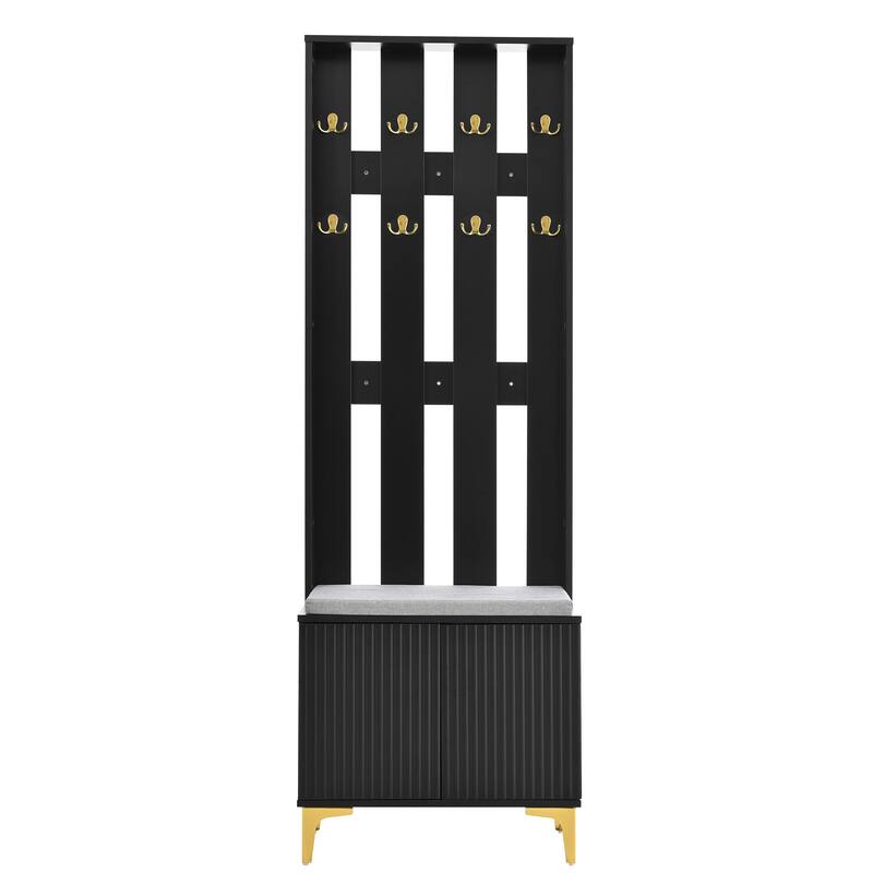 Modern 4-in-1 Coat Rack with 8 Gold Hooks, Adjustable Shelves and Spring-Loaded Mechanism, for Hallways