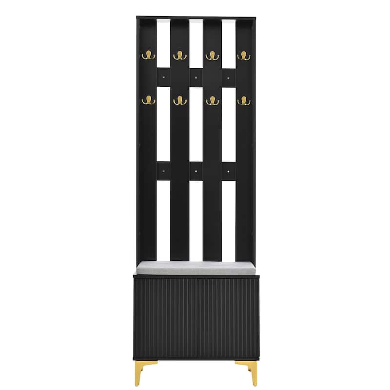 Roomfitters Luxury Hall Tree with Bench and Cushion, Versatile 4-in-1 Mudroom Organizer with Fluted Doors