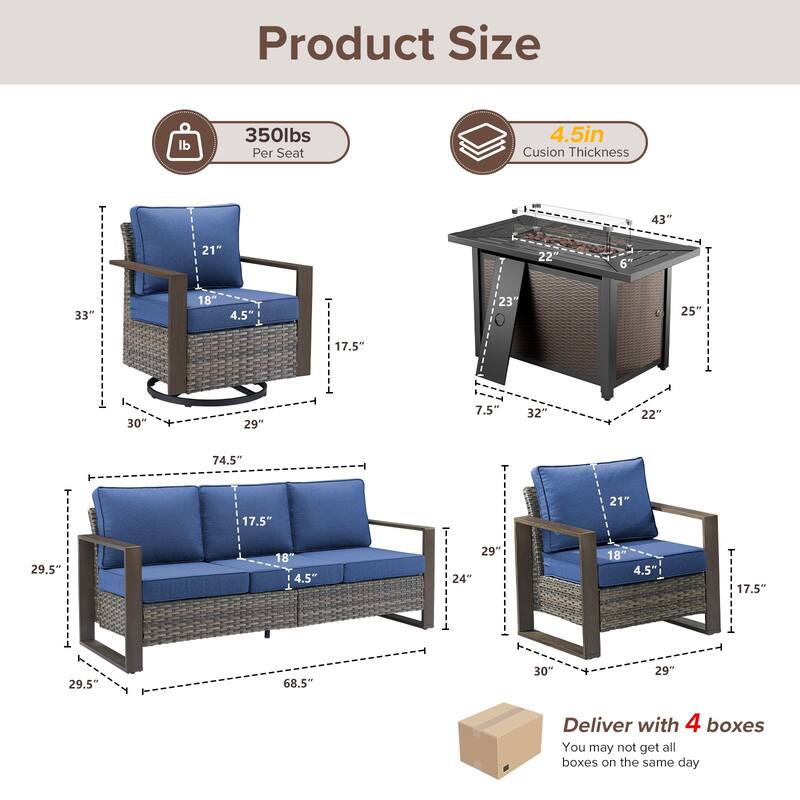 Meyreso Wicker Outdoor Patio Metal Fire Pit Set with Swivel Gliders and Olefin Cushions