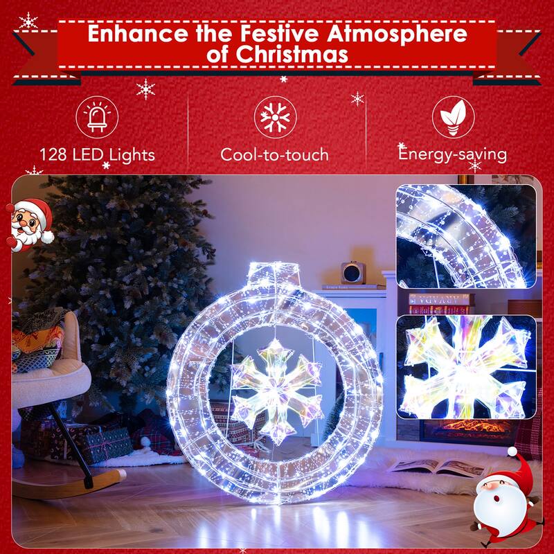 Gymax 33'' Lighted Ornament Pre-Lit Christmas Wreath w/ 128 Cold White
