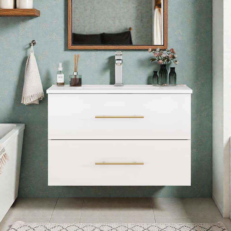 30" Gloss Wall-Mounted Bathroom Vanity with Integrated Ceramic Sink, Double Drawers & Long Metal Handle for Modern Bathrooms - White