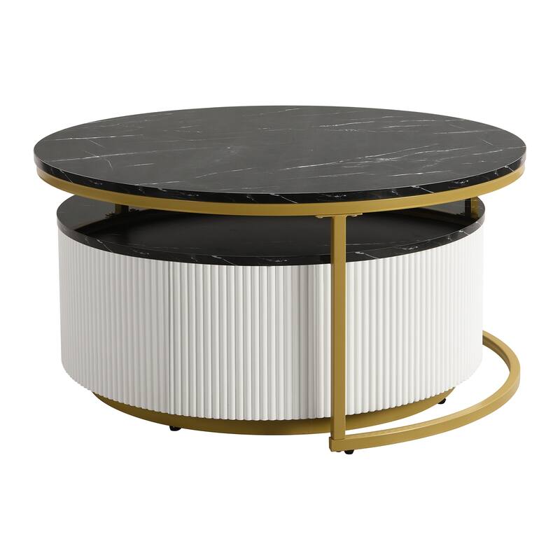 Modern Round Nesting Coffee Table Fluted with Drawer