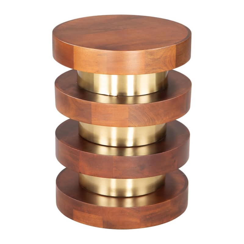 HomeRoots 20" Brown and Gold Solid Wood and Iron Round Pedestal End Table - 15' X '20.1' X '15