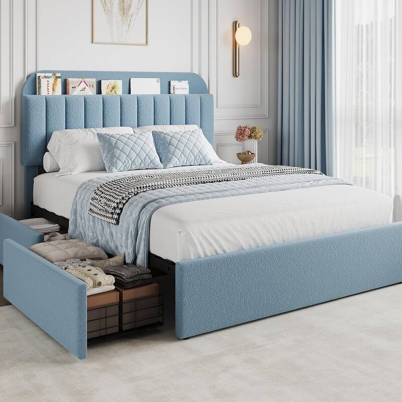 Twin/Full Bed Frame with 2 Flexible Drawers and Bookcase Headboard, Boucle Upholstered Platform Bed for Boys/Girls - Full - Blue