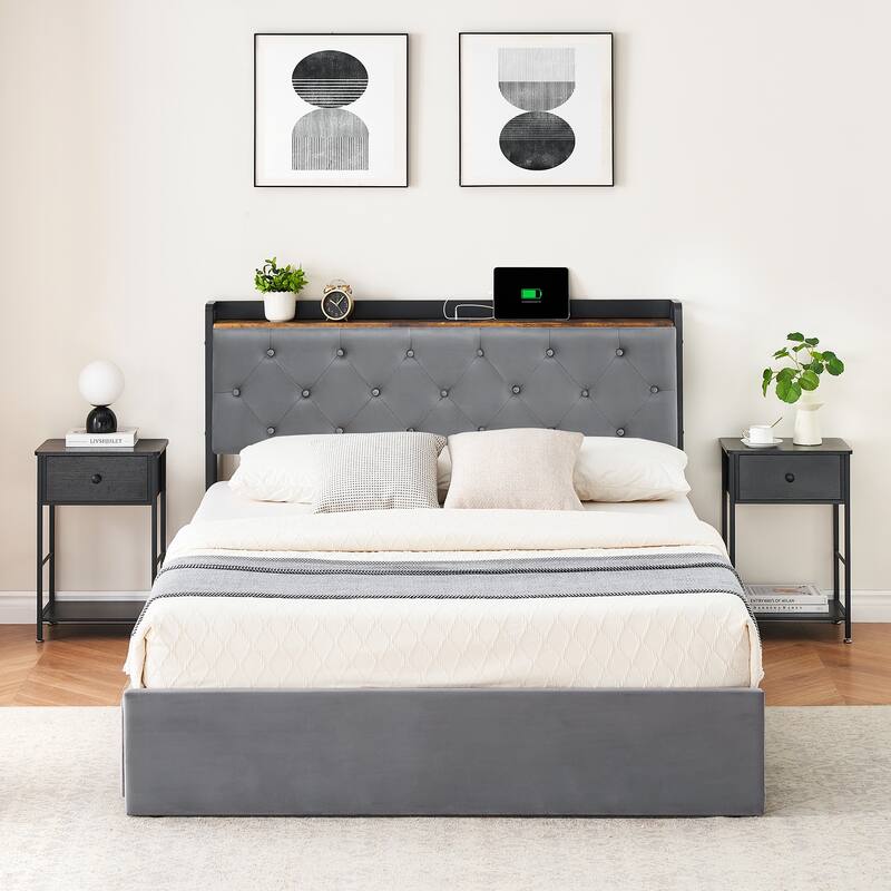 Upholstered Velvet Platform Bed Frame with 4 Storage Drawers and Charging Station