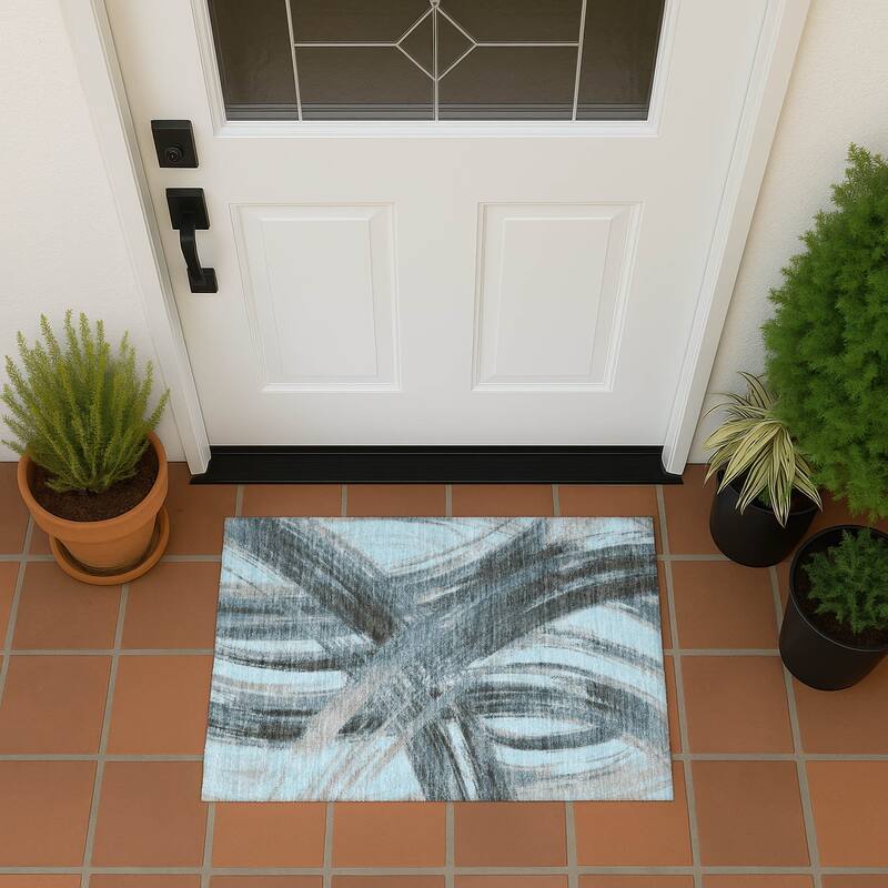 Machine Washable Indoor/ Outdoor Abstract Brushstroke Chantille Rug - Teal - 1'8" x 2'6"