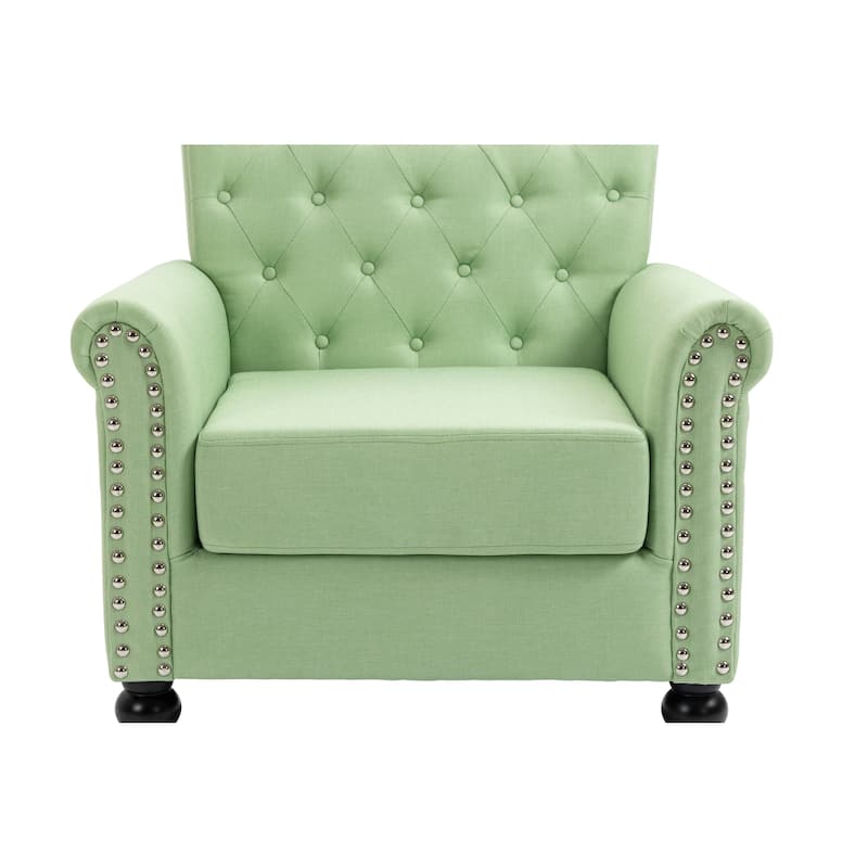 Linen Armchair w/Tufted Back/Wood Legs