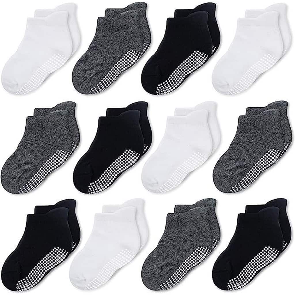 CozyWay Ankle Grip Socks Black/White/Dark Gray - 12 pair, 0-6 Months, Unisex
