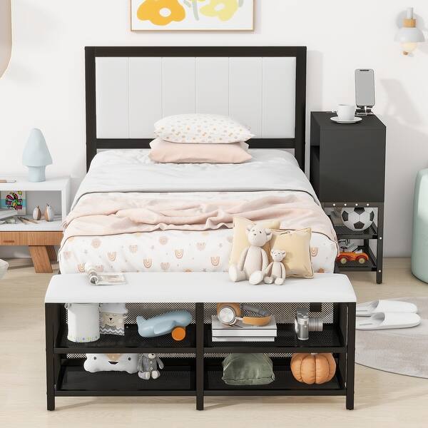 slide 2 of 39, Metal Platform Bed Frame with Storage Cabinet and Cushioned Footrest Black - Twin