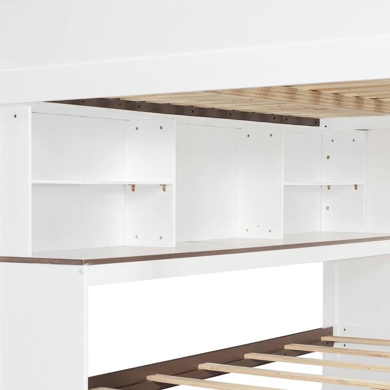 Full Over Full Bunk Bed with Twin Trundle, Staircase, Shelves & LED Lighting