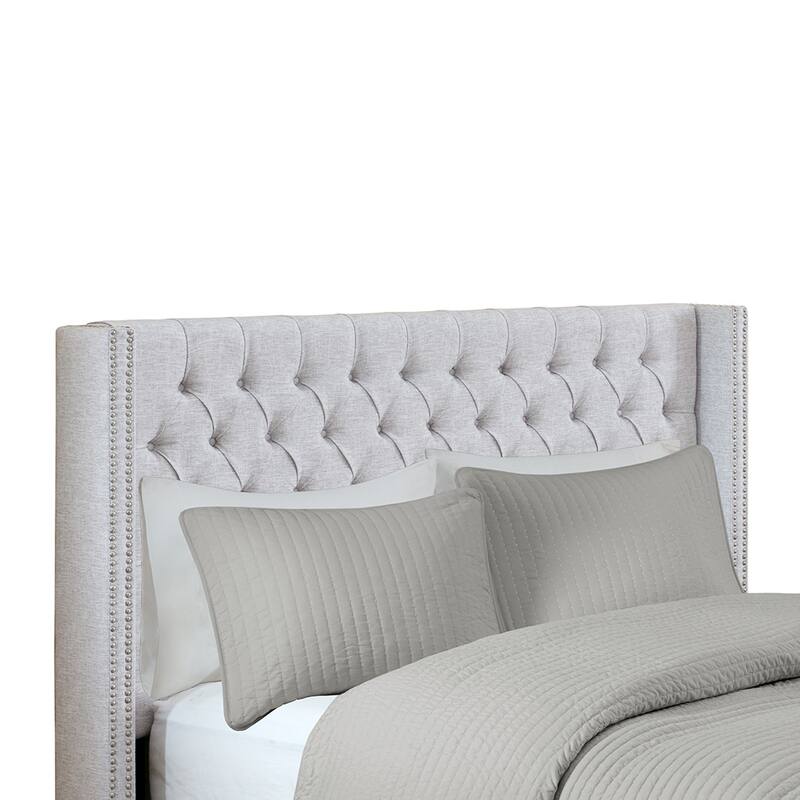 Grey Queen Upholstered Wingback Headboard with Tufted Buttons and Nailhead Trim