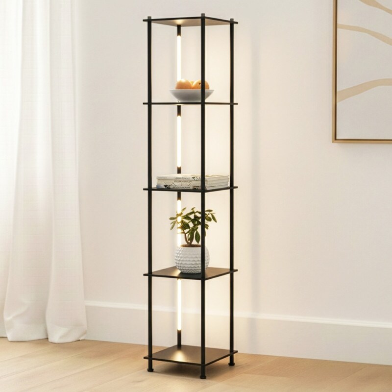 Brightech Aria 63 in. Classic Black Mid-Century Modern 4-Light 3-Way Dimming LED Shelf Floor Lamp with Built-In Wireless Charger
