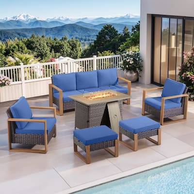 Pocassy 6 Pieces Outdoor Sofa Patio Chair Ottoman with Fire Pit Table Set